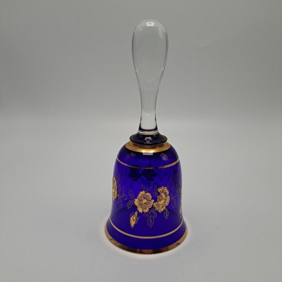 Bohemian Blue Glass Bell With Gold Floral Design - Picture 4 of 10